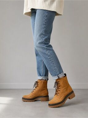 Tory Burch Miller Suede Lug Sole Combat Boots Tan Brown Size 9.5 NWOB